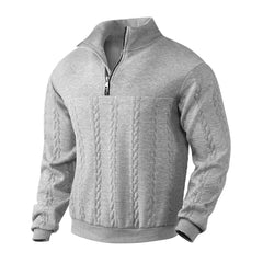Light grey quarter-zip sweatshirt, quilted cable pattern and ribbed hem and cuffs