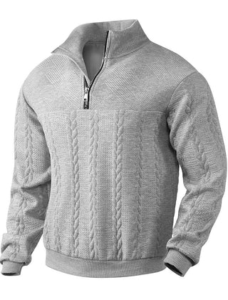 Light grey quarter-zip sweatshirt, quilted cable pattern and ribbed hem and cuffs