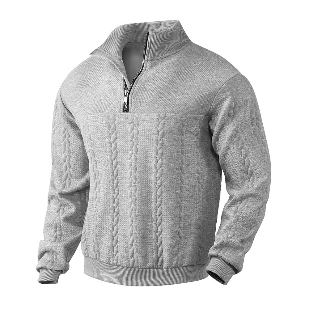 Light grey quarter-zip sweatshirt, quilted cable pattern and ribbed hem and cuffs