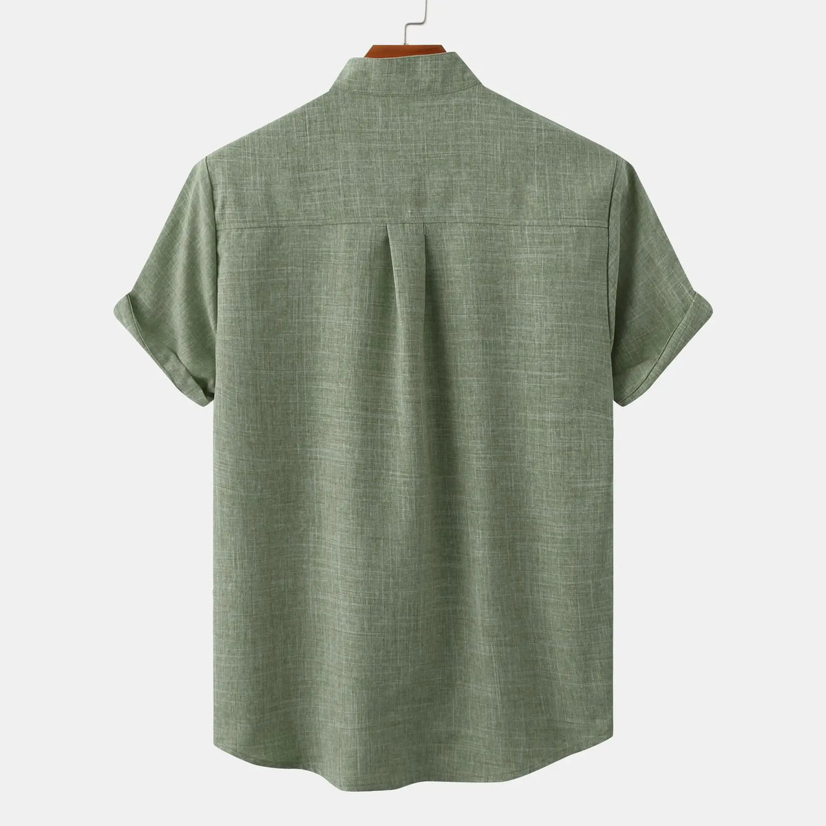 Back view of short-sleeve button-up shirt in olive green, simple yoke seam