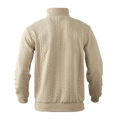 Back view: beige quarter-zip sweatshirt with cable-knit texture and ribbed hem