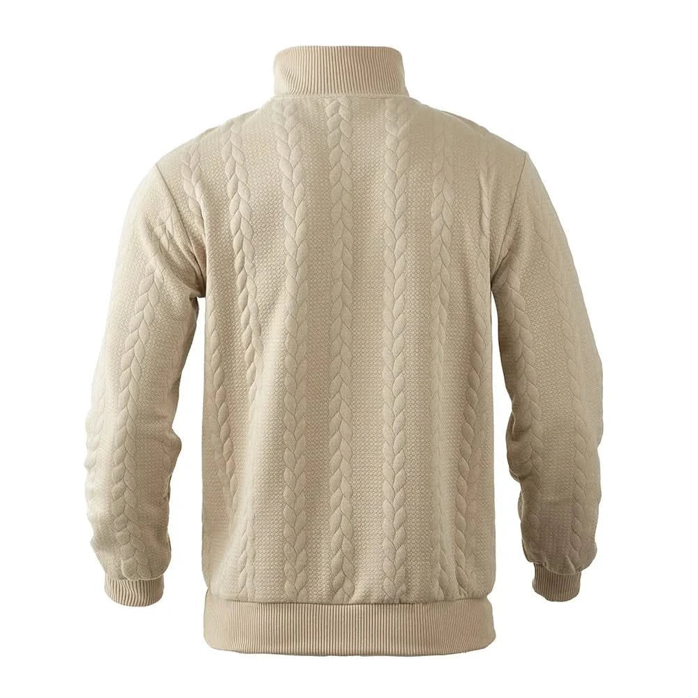 Back view: beige quarter-zip sweatshirt with cable-knit texture and ribbed hem
