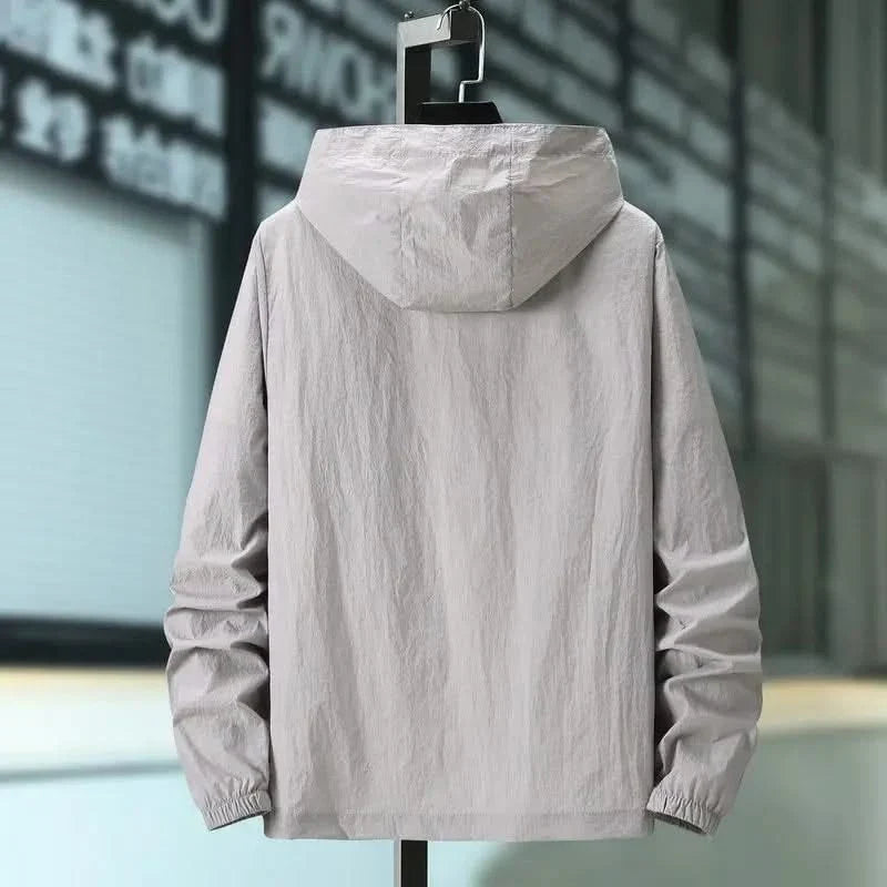 Light grey hooded summer jacket, back view with drawstring hood and elastic cuffs