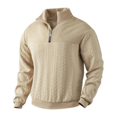 Beige quarter-zip sweatshirt with stand collar, black zipper, and textured knit front