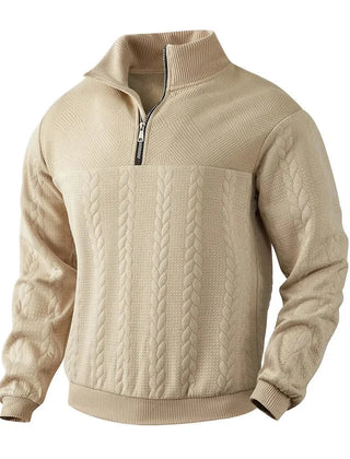 Cream quarter-zip sweatshirt with textured cable knit front and ribbed collar cuffs