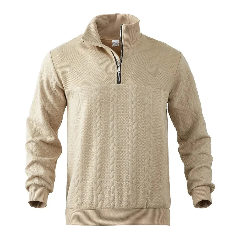 Beige quarter-zip sweatshirt with full zipper and textured cable-knit pattern