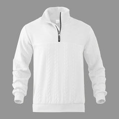 White quarter-zip sweatshirt with stand collar, full zipper, and ribbed cuffs