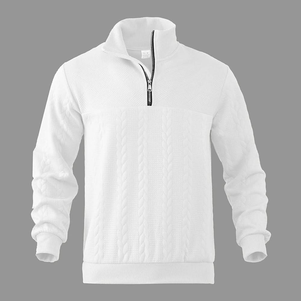White quarter-zip sweatshirt with stand collar, full zipper, and ribbed cuffs