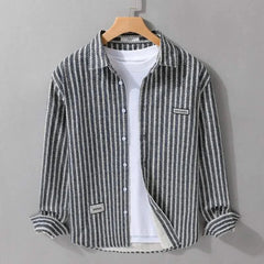 Layered stone grey pinstripe shirt with button front and chest patch detail