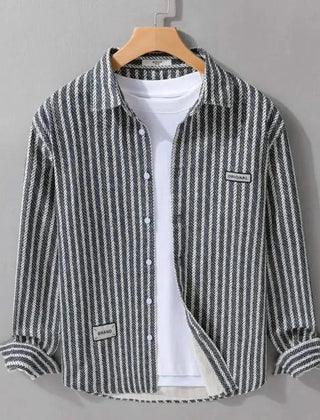 Layered stone grey pinstripe shirt with button front and chest patch detail