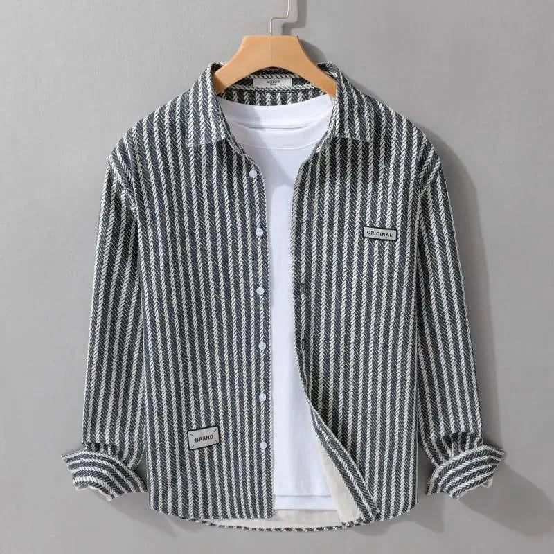 Layered stone grey pinstripe shirt with button front and chest patch detail