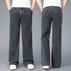 Gray flare boot cut jeans with classic five-pocket design and wide straight-leg fit