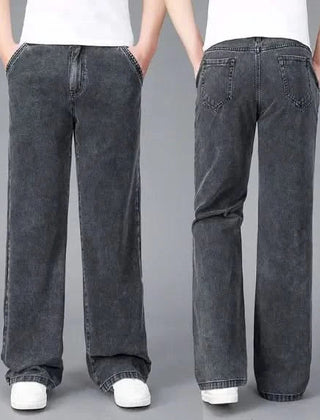 Gray flare boot cut jeans with classic five-pocket design and wide straight-leg fit