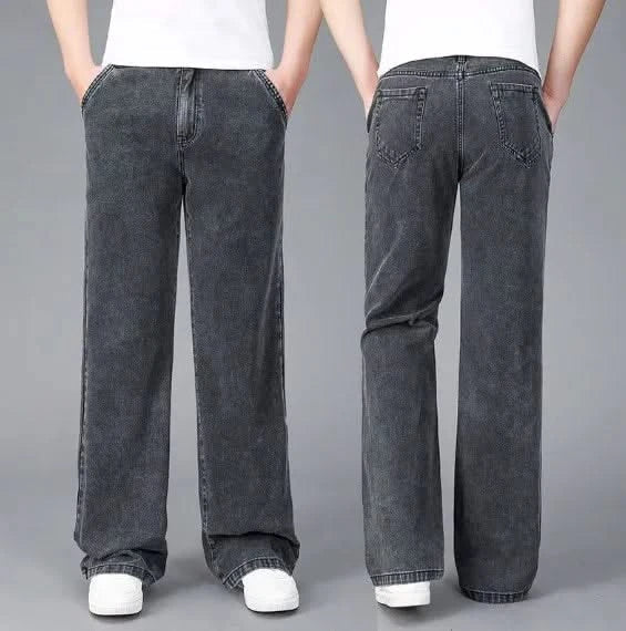 Gray flare boot cut jeans with classic five-pocket design and wide straight-leg fit