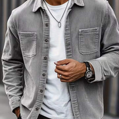 HARRIS corduroy button-up shirt, light grey, long sleeves, two chest pockets