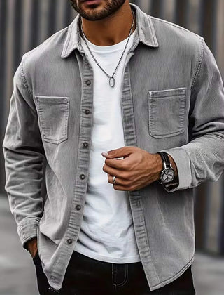 HARRIS corduroy button-up shirt, light grey, long sleeves, two chest pockets