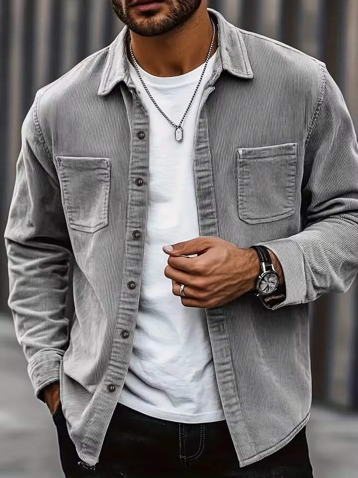 HARRIS corduroy button-up shirt, light grey, long sleeves, two chest pockets