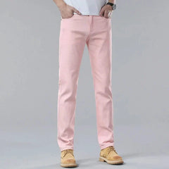 Pink denim jeans on-model, straight-leg fit with button closure and front pockets