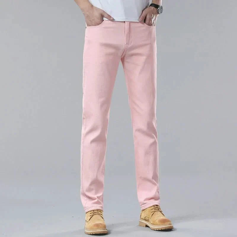 Pink denim jeans on-model, straight-leg fit with button closure and front pockets