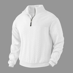White quarter-zip sweatshirt with textured cable-knit front panel and ribbed cuffs