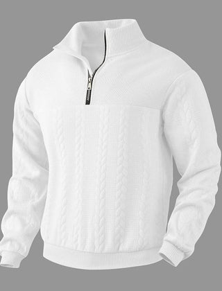 White quarter-zip sweatshirt with textured cable-knit front panel and ribbed cuffs