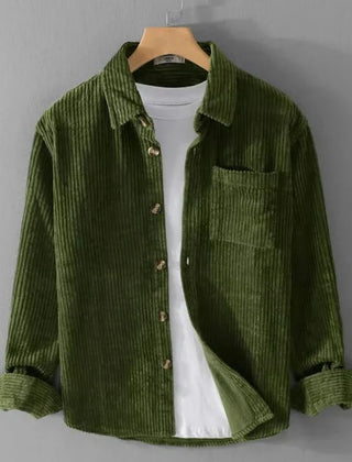 Green corduroy button-up shirt with pointed collar and chest pocket
