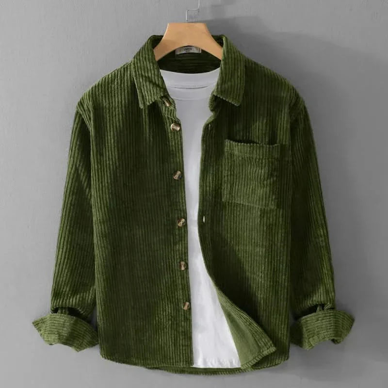 Green corduroy button-up shirt with pointed collar and chest pocket