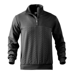 Charcoal quarter-zip sweatshirt with textured cable-knit front and ribbed hem