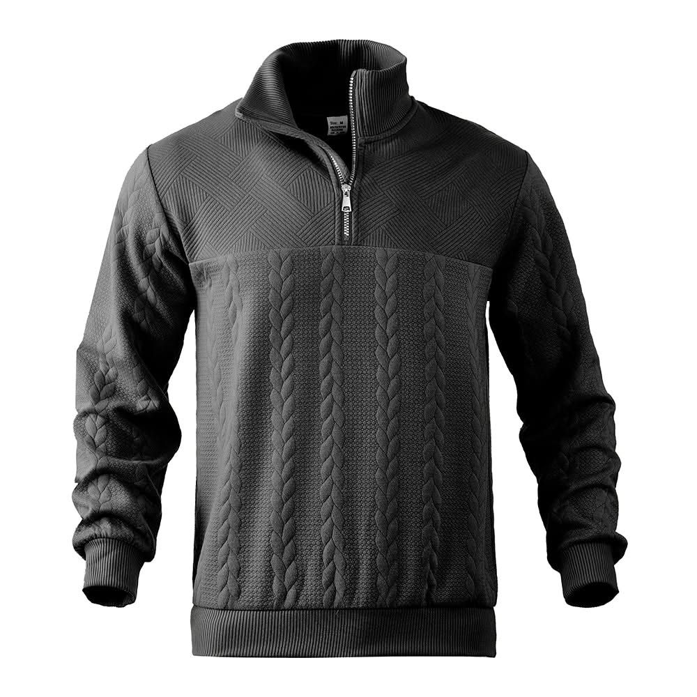 Charcoal quarter-zip sweatshirt with textured cable-knit front and ribbed hem