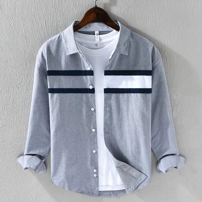 Grey panel button-up shirt with white chest yoke and dark stripe bands, long sleeves