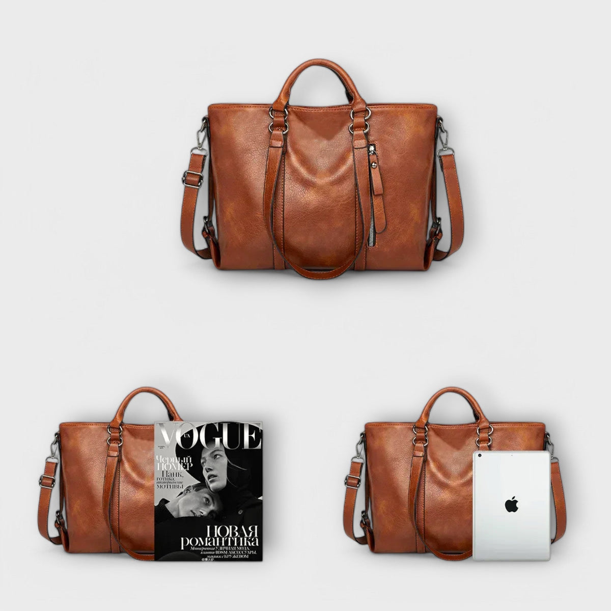 Brown leather handbag with top handles and shoulder straps