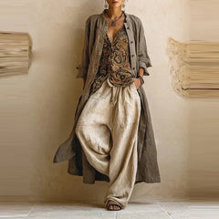 Linen-blend matching set with gray printed tunic and cream harem pants