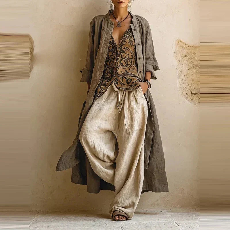 Linen-blend matching set with gray printed tunic and cream harem pants