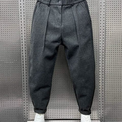 Men’s grey modern-fit trousers with pleated front, button waistband and cuffed hem
