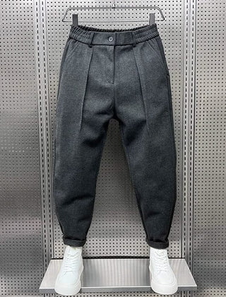 Men’s grey modern-fit trousers with pleated front, button waistband and cuffed hem