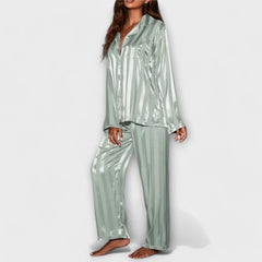 Green casual set with button-front long-sleeve shirt and wide-leg striped pants