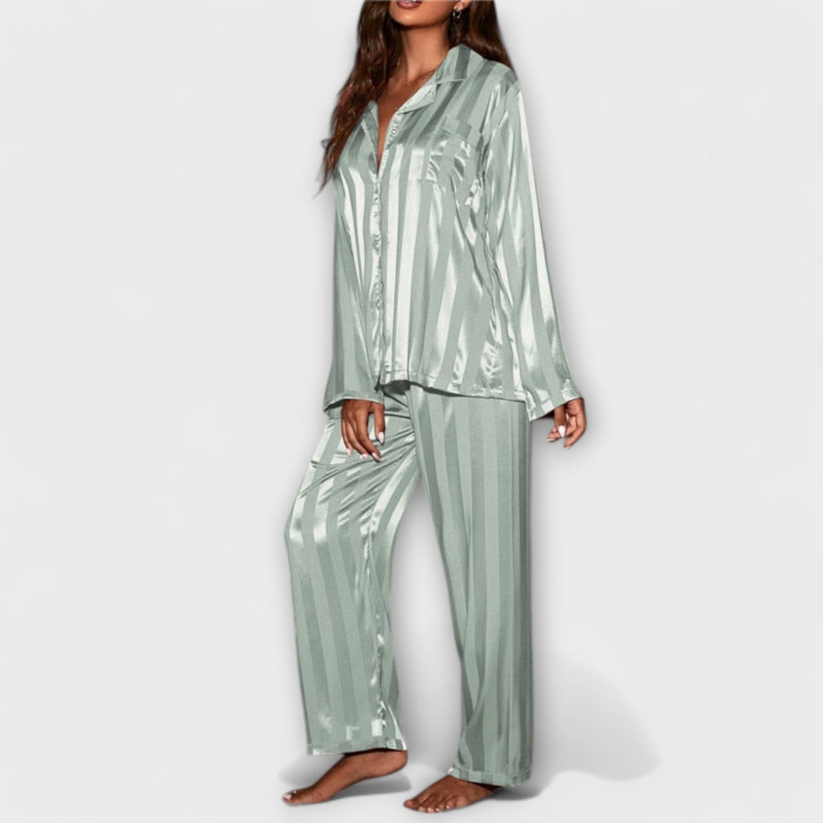 Green casual set with button-front long-sleeve shirt and wide-leg striped pants