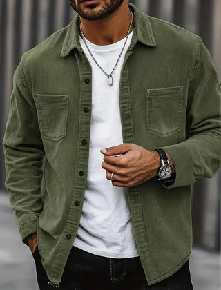 HARRIS corduroy button-up shirt, olive green, long sleeves, two chest pockets