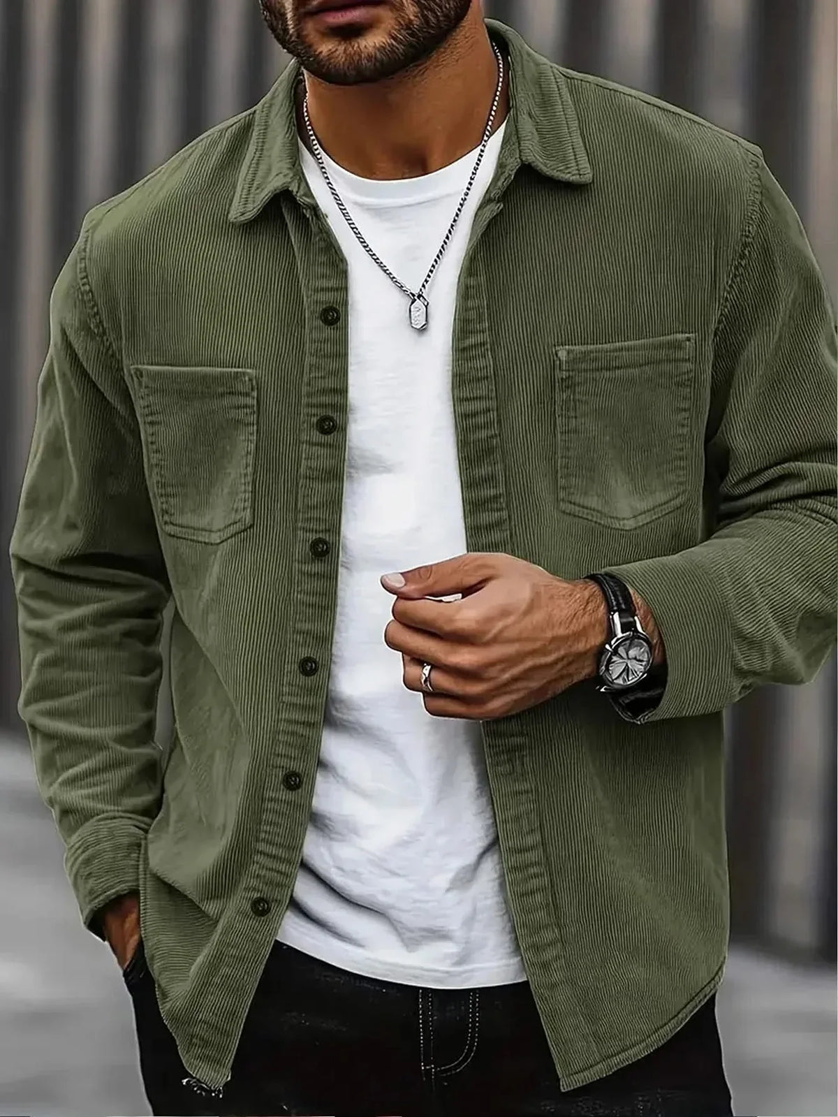 HARRIS corduroy button-up shirt, olive green, long sleeves, two chest pockets
