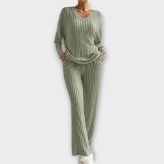Olive green ribbed knit two-piece set with V-neck top and wide-leg trousers