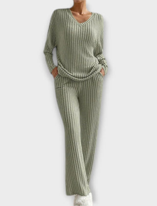Olive green ribbed knit two-piece set with V-neck top and wide-leg trousers
