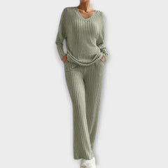 Olive ribbed knit loungewear set with V-neck long sleeves and wide-leg pants