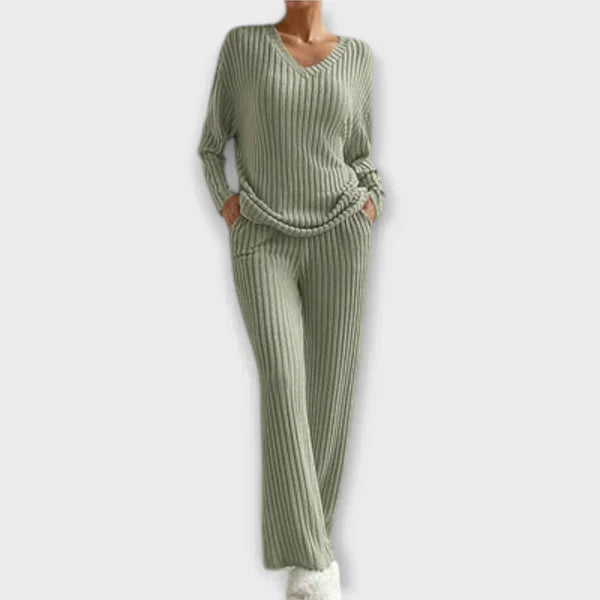 Olive ribbed knit loungewear set with V-neck long sleeves and wide-leg pants