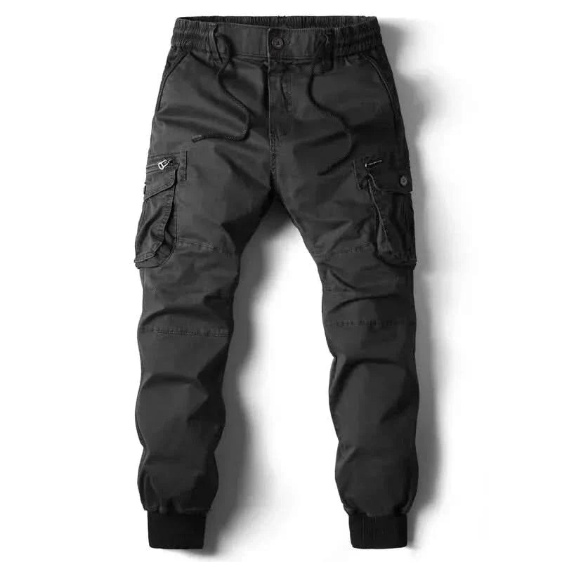 Black cargo pants with drawstring waist, button fly, and side cargo pockets