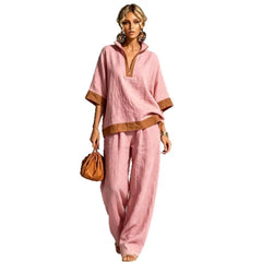 Women's linen-look co-ord set in pink: V-neck tunic top and wide-leg pants