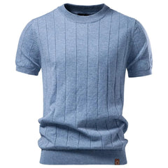 HARWICK premium tee, blue crew-neck with vertical stripe texture and ribbed hem