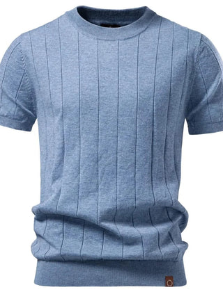 HARWICK premium tee, blue crew-neck with vertical stripe texture and ribbed hem