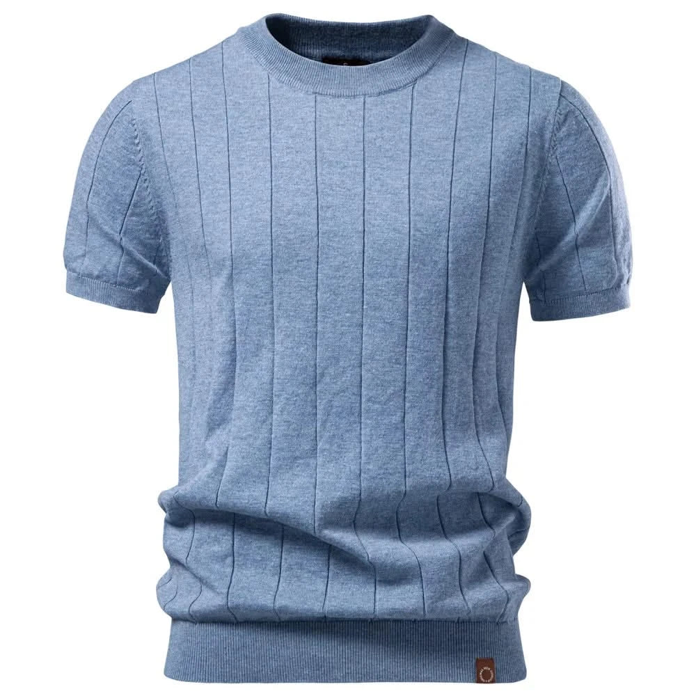 HARWICK premium tee, blue crew-neck with vertical stripe texture and ribbed hem