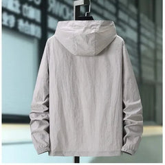 White hooded summer jacket, back view with drawstring hood and ribbed elastic cuffs
