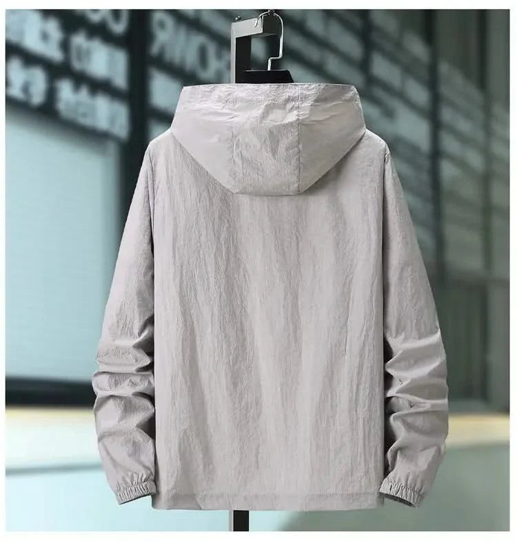 White hooded summer jacket, back view with drawstring hood and ribbed elastic cuffs